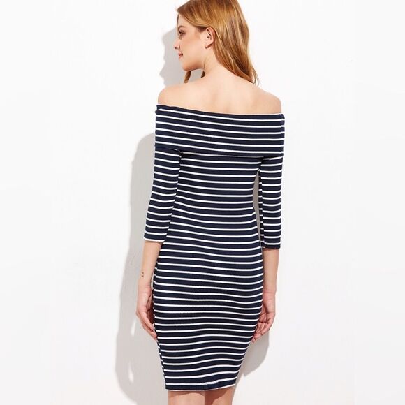 Navy & White Striped Off The Shoulder Ribbed Dress - Picture 3 of 5